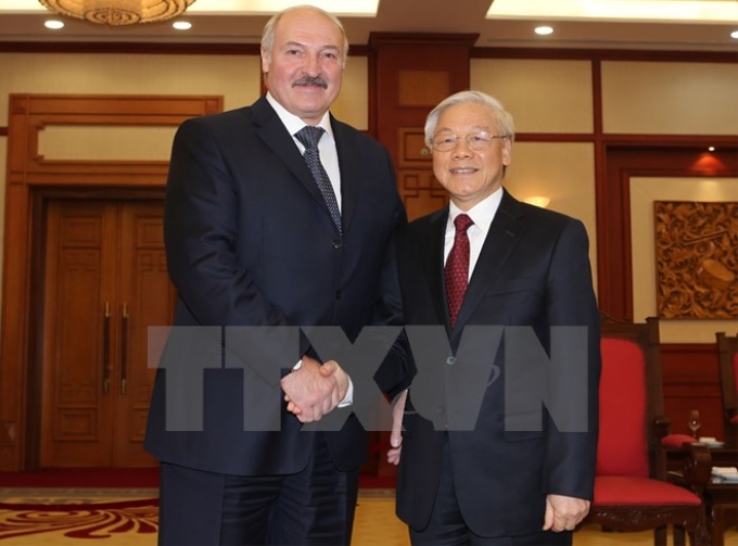 Tổng Bí thư Nguyễn Phú Trọng tiếp Tổng thống Cộng hòa Belarus Aleksandr Grigorievich Lukashenko. (Ảnh: Trí Dũng/TTXVN)